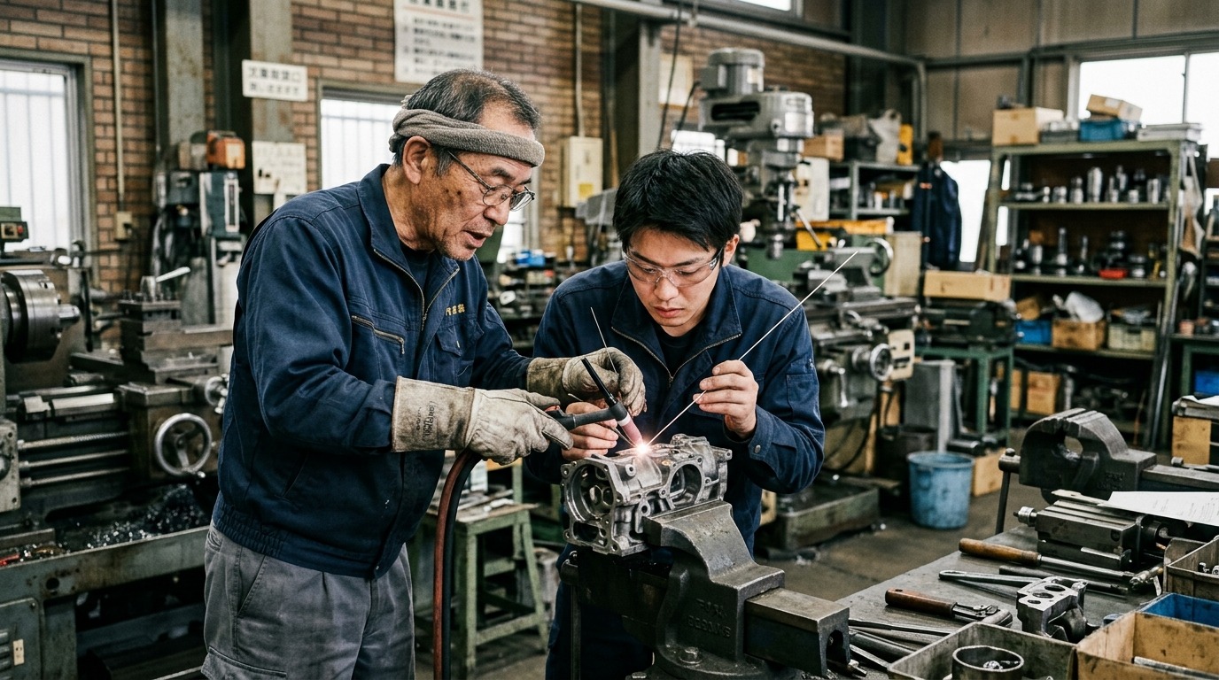 工場でベテラン職人が若手に技術を教える様子