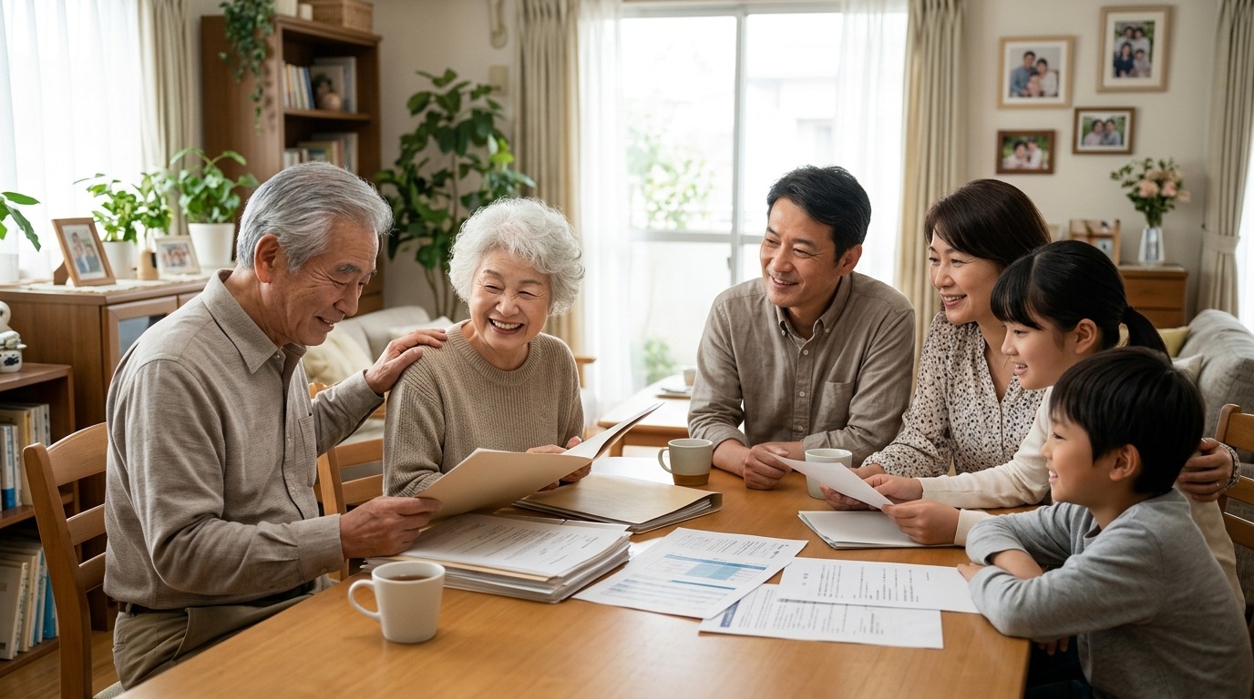 安堵の表情を見せる高齢夫婦と家族