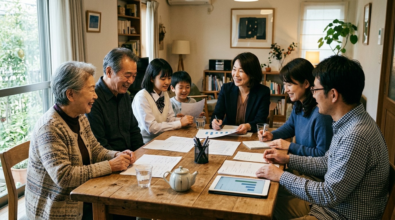 家族会議で資料を囲んで話し合う家族と専門家