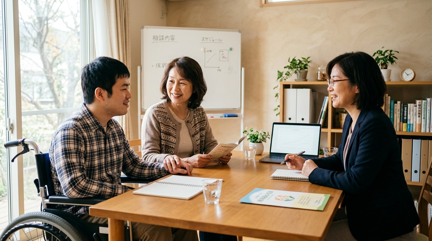 専門家に相談する母親と障がいのある成人の子ども