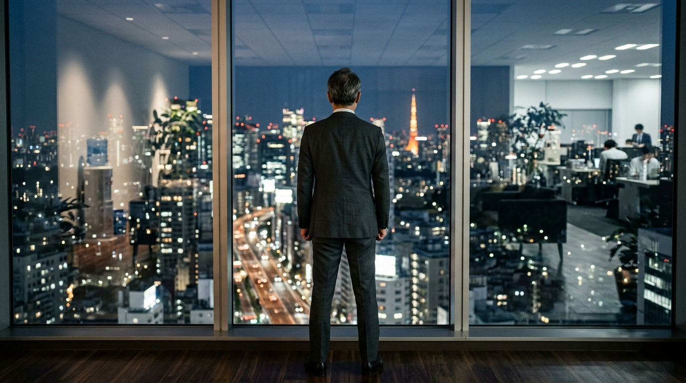 窓の外の街並みを見つめる経営者の後ろ姿