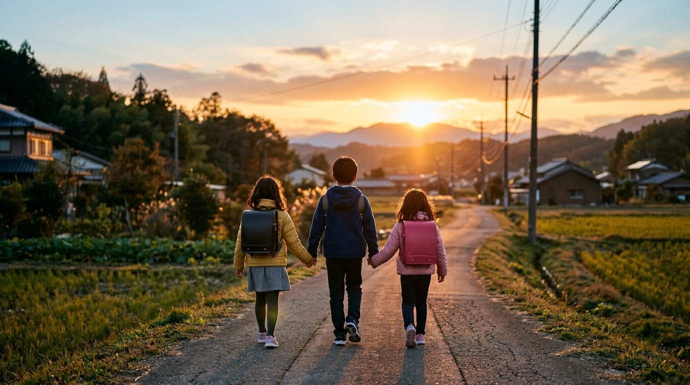 夕暮れの道を歩く子どもたちの後ろ姿