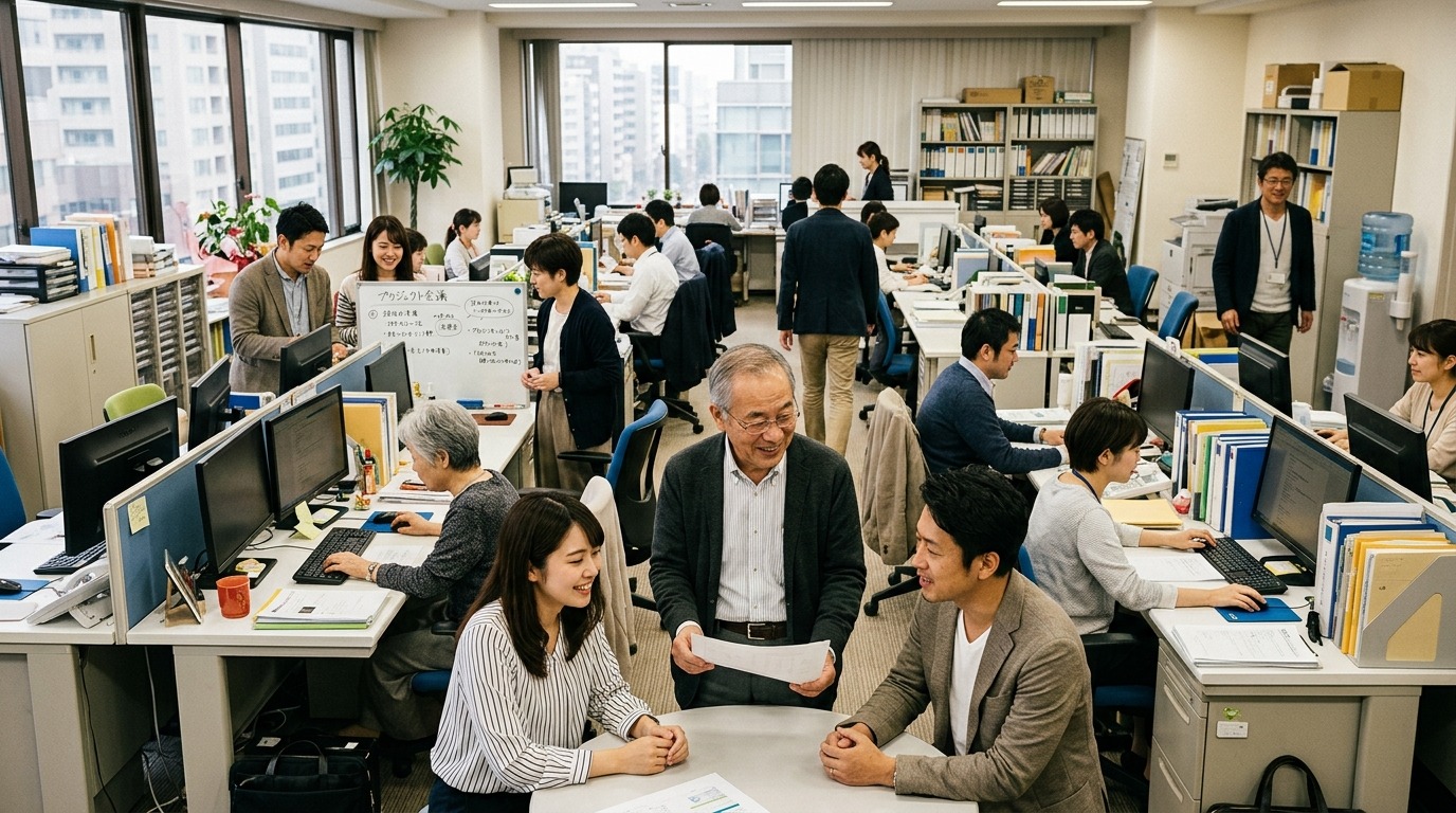 活気ある中小企業のオフィスで働く多世代の社員
